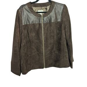 Vtg Womens Jacket Brown Faux Suede Zip Coat Lightweight Microfiber Plus Size 16W